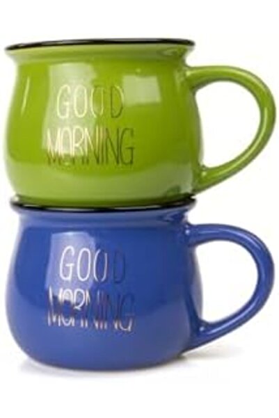 Nacario طقم أكواب بورسلين ملونة من نركريوشوب مكون من قطعتين مع كتابة صباح الخ...