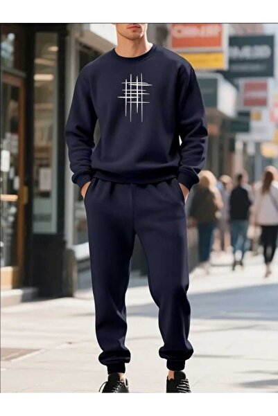 tkn your style Men's Bottom Top Set with Grid Print Design Crew Neck Sweatshirt