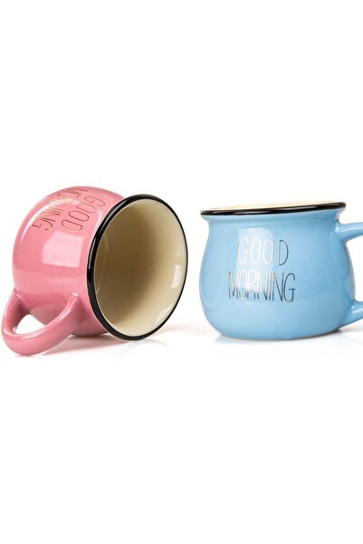 Nacario طقم أكواب بورسلين ملونة من نركريوشوب مكون من قطعتين مع كتابة صباح الخ...