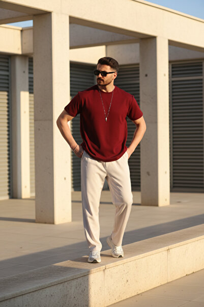 EydaMoon Tricou pentru bărbați, roșu claret, din țesătură modală, cu textură ...