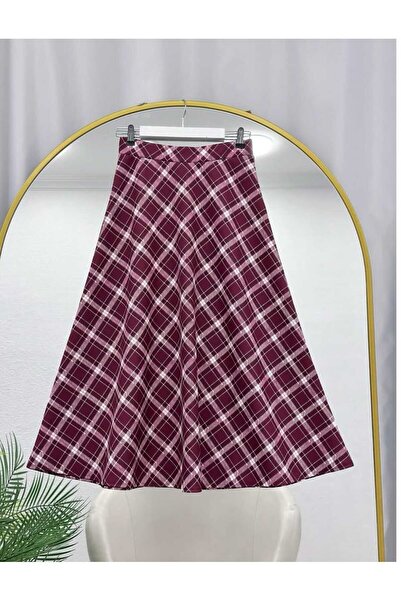MODA VEDAT Women's Plaid Patterned Puff Scuba Fabric Skirt -0300