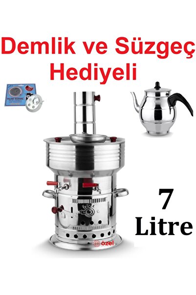sobapark 7 Litre Paslanmaz Metal Odunlu Kömürlü Çay Semaveri Büyük ÇİFT Muslu...