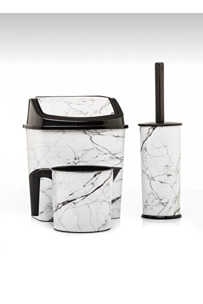 ALY DURU Bathroom Set Trash Can WC Toilet Brush Mug Set of 3 White Marble Pat...