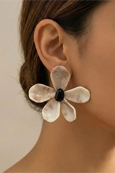 Osha Aksesuar أقراط نسائية من الأكريليك بنقشة رخامية بلون إكرو - تصميم بوهيمي...