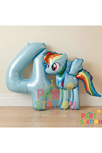 Parti Station My Little Pony Konsept Rainbow Dash Balon ve 4 Yaş Mavi Rakam B...