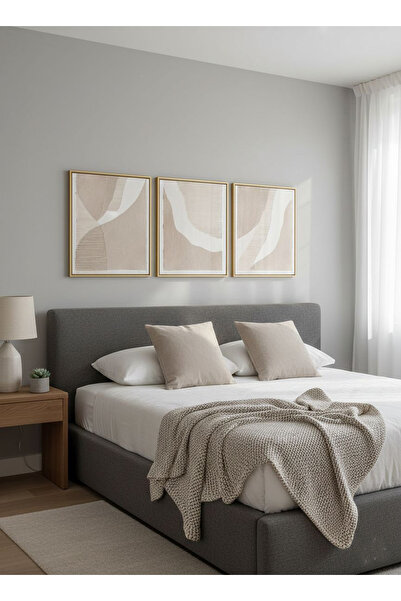 Linacci Üçlü Gold Metal Çerçeve Soft Desen Krem Bej Poster Camlı Tablo Seti