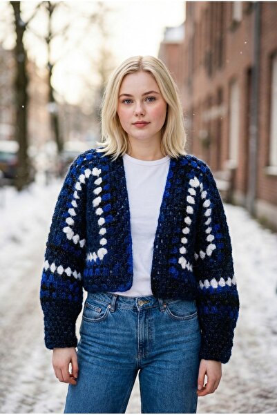 Tanem Çarşı Crop Hand Knitted Wool Design Cardigan (Length Short 45 cm)