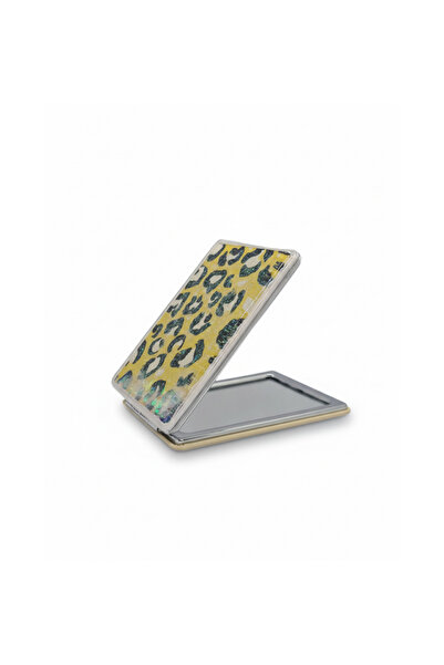 Runades Leopar Desenli 5x7 cm Kapaklı Sulu Simli Taşınabilir Cep Makyaj Aynası