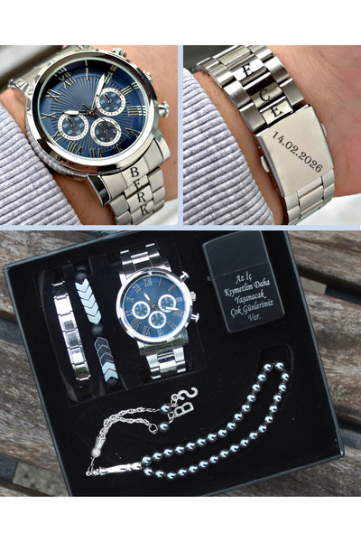 saat&istasyonu İsimli Gümüş Renk Erkek Kol Saati Bileklik Tesbih ve Çakmak Seti
