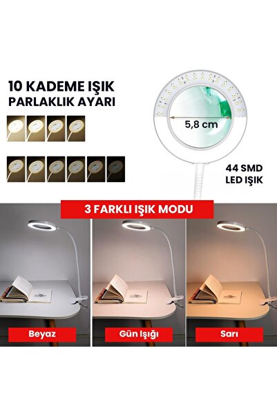 UpWay 5X Cam Büyüteçli LED Masa Lambası - 3 Renk Modlu Tamir ve Hobi Lambası