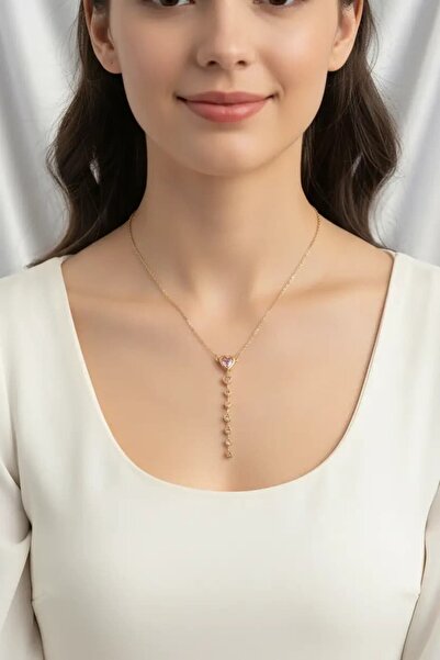 Clariss Çelik Zincir Gold Renk Pembe Kalp Kadın Kolye