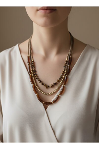 Belasso Women's 3 Row Brown Natural Stone Look Bohemian Necklace with Gold De...