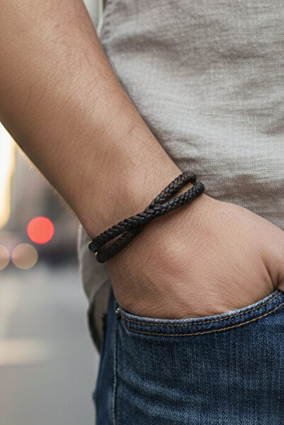 VAOOV Double Row Cross Braided Patterned Black and Brown Genuine Leather Men'...