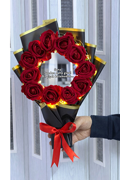 Zemtigo Led Işıklı Aynalı Kırmızı Gül Buketi Aynalı Buket Sana Senden Daha Gü...