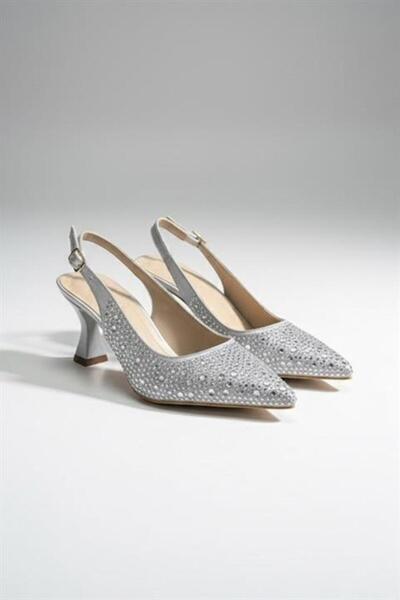 Les Passent Pantofi cu toc subțire de 7 cm și stileto Emma Silver Satin Stone...