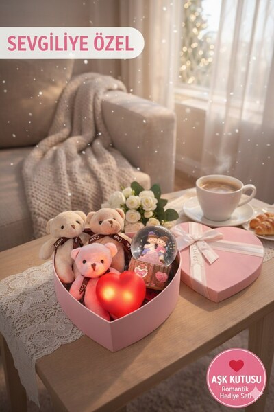 Kesene Sevgililer Günü Özel Romantik Aşk Kutusu Işıklı Kar Küresi 3'lü Peluş ...