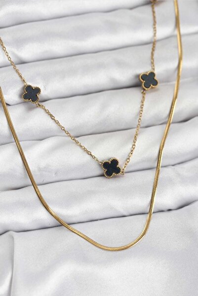 Clariss Çelik Zincir Gold Renk İtalyan Zincirli Siyah Yonca Model Kadın Kolye