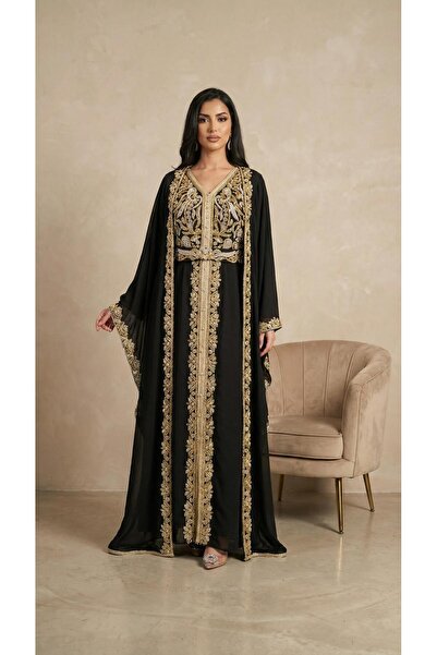 MİSS DİAMOND Gold Embroidered Intensely Embroidered Black Hijab Kaftan Evenin...