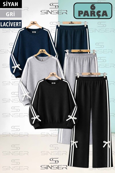 SS SİNSER Girl's 3-Piece Tracksuit Set with Plain Crew Neck and Bow Detail