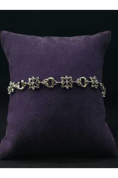 sarıyer silver Flower Heart Design Zircon Stone Row Model Steel Bracelet Love...