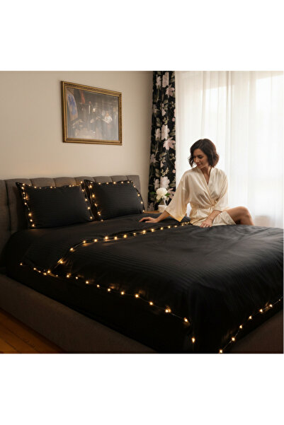 QMEN STYLE Sevgiler Gününe Özel Peri Ledli Otel Konsepti Çizgili Nevresim Takımı