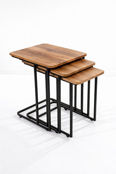 Riyes Tasarım Ahşap 3’lü Tekerlekli Zigon Sehpa Seti – Metal Ayaklı – Modern ...