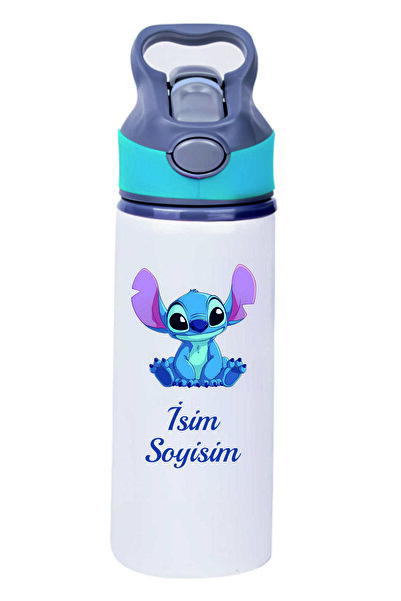 Kreax Kişiye Özel Mavi Başlıklı Pipetli Su Matarası Stitch