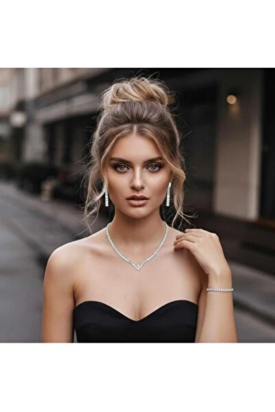 shopidik Zircon Stone Waterway V Necklace, Earrings and Bracelet Set