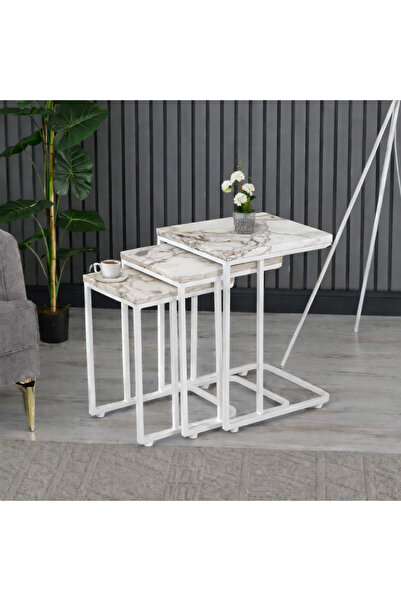 Riyes Tasarım Ahşap 3’lü Tekerlekli Zigon Sehpa Seti – Beyaz Metal Ayaklı – M...