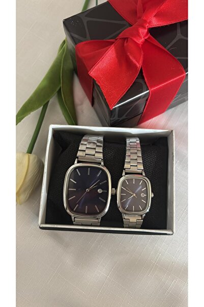 AYLORA'M Çift Saat Seti Metal Kordonlu Lacivert Kadran Sevgili Saatleri