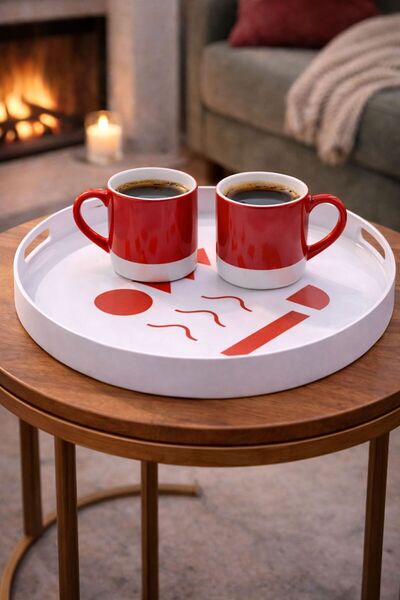 SPLASH 35 CM Yuvarlak Desenli Tepsi Sunum Tepsisi Çay Tepsisi Kahve Tepsi Dek...