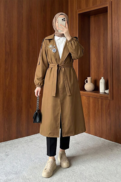 MODAQU Balloon Sleeve Brooched Trench Coat - Tan