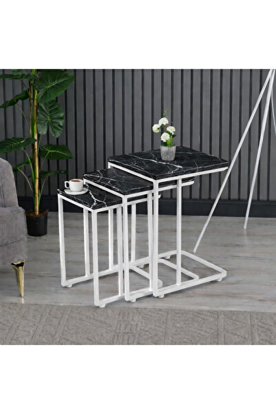 Riyes Tasarım Ahşap 3’lü Tekerlekli Zigon Sehpa Seti – Beyaz Metal Ayaklı – M...