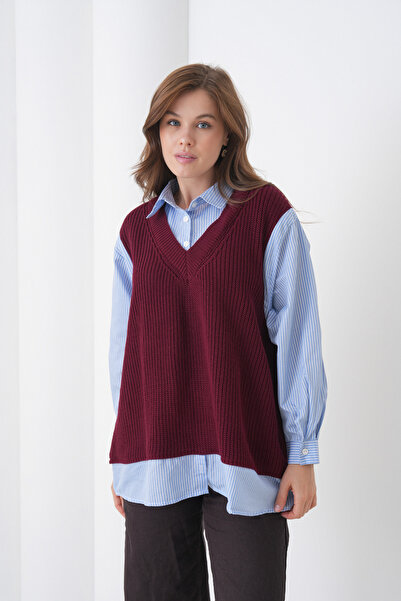 loia Women's V-Neck Knitwear Sweater Shirt Detailed Inside Shirt Oversize Blo...