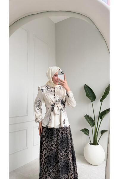 MİREL BUTİK Viral Satin Patterned Double Blouse Skirt Set