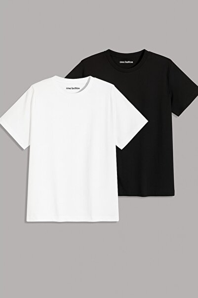 gencerco Düz Renk Premium Oversize T-shirt 2'Li Siyah/Beyaz