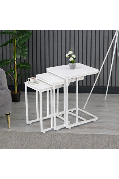 Riyes Tasarım Ahşap 3’lü Tekerlekli Zigon Sehpa Seti – Beyaz Metal Ayaklı – M...