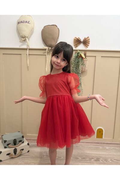 penu baby kids Kırmızı Kısa Balon Tül Kol Altı Tütülü Kız Bebek Elbise - Cind...
