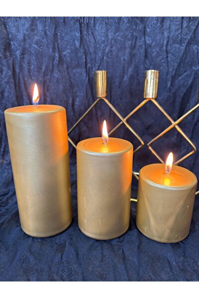 Usta Mum 3'Lü Altın Dokulu Silindir Mum Seti Boy :15cmx11cmx7cm Çap : 7cm Sil...