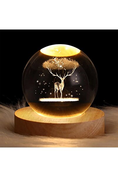 racoonco Dekoratif Ahşap Alt USB Kablolu Geyik Tasarımlı 3D Cam Küre Standlı ...