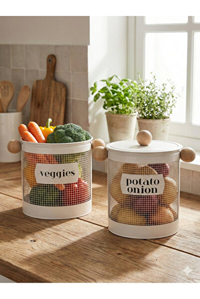 RİVO HOME DECOR The Mia Stripe Bej Patates Soğan Kabı + Sebzelik Seti Galvani...