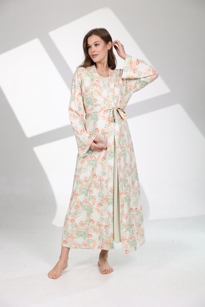 Rimel Homewear Maternity Nightgown Set with Floral Robe - Breastfeeding Compatible Maternity Set - Mint Green