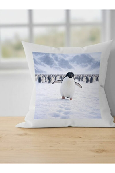 Miracix Penguen Tasarımlı Resimli Beyaz Yastık Tek Yön Baskı – Fotoğraf ve Ya...