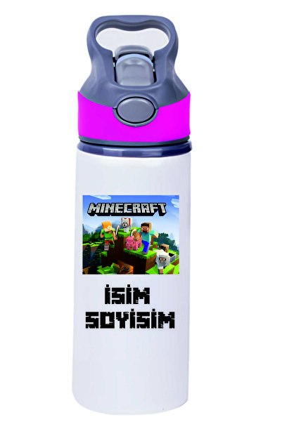 Kreax Kişiye Özel Pembe Başlıklı Pipetli Su Matarası Minecraft