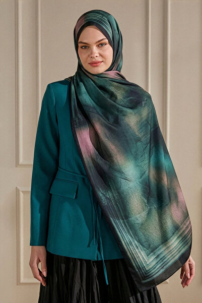 SilkTouch Petrol Yeşili Aura Desen Floş Hint İpeği Şal