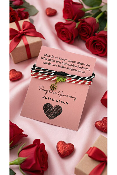 Goldesing Sevgililer Günü Hediyesi Çiçekli Ve Kırmızı-beyaz Ip Şans Bilekliği...
