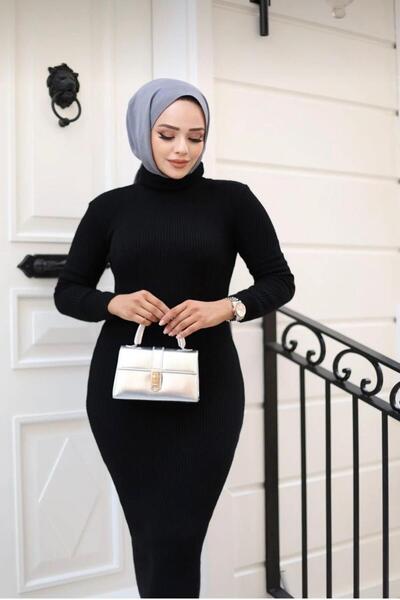BOZKAYA ÖRME Kadın Siyah Balıkçı Yaka Fitilli Şık Elbise(Kemer Dahil Değildir)