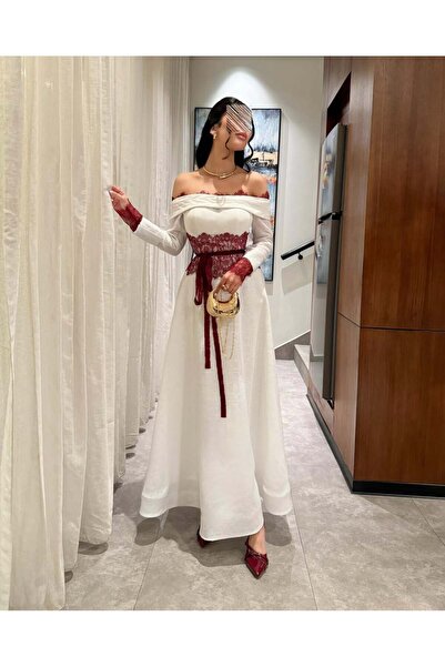 Liva White evening dress with burgundy lace details