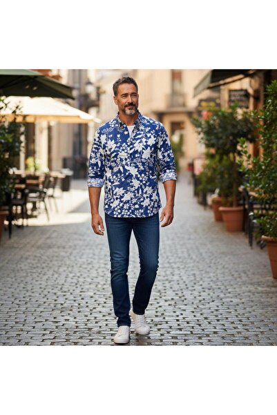 GÖMLEK GALERİSİ Men's Long Sleeve Shirt with Slim Fit Digital Printing Pattern