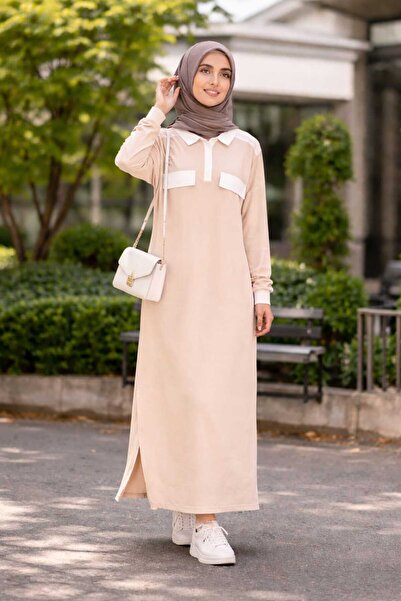 Esra Butik78 Tesettür Uzun Elbise Bej – Cepli, Hakim Yakalı, Uzun Kollu, Günl...
